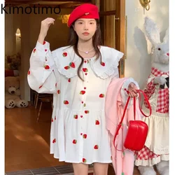 Kimotimo Sweet Embroidery Strawberry Lace Doll Collar Dress Women 2023 Autumn Long Sleeve Loose All Match Mini Dresses Casual