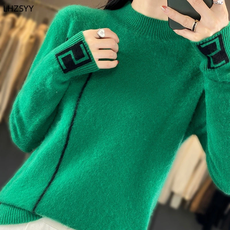 LHZSYY 2023 Autumn/Winter 100%Pure Woolen Sweater Women\' Fashion Jacquard Jumper Loose Knit Tops Half Turtleneck Cashmere Blouse