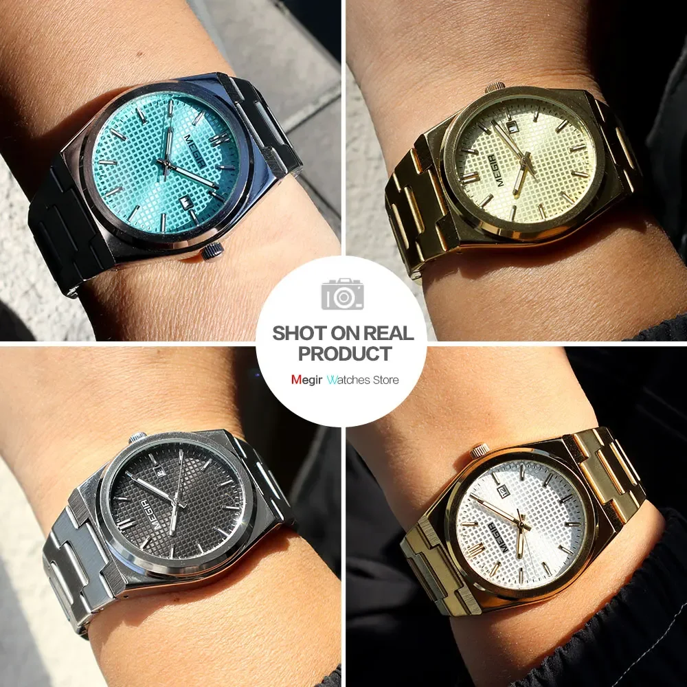 MEGIR Mode Analoog Quartz Horloge voor Mannen Stalen Band Jurk Waterdicht Lichtgevend Horloge met Kalender Aquamarijn Wijzerplaat 1086