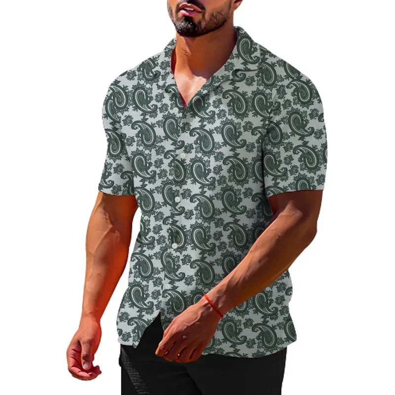 Mens Top Summer Lapel Short-sleeved Youth Cashew Flower Short-sleeved Slim Print Mens TShirt