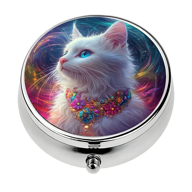 1 Cute White Cat-Shaped Starry Sky Pill Box with 3 Compartments, Metal-Like Lid and Plastic Body - Portable Medicine Storage Box, Similar to a Pill Case, Travel-Friendly Gift (White Cat, Colorful Bead-Shaped Capsules)