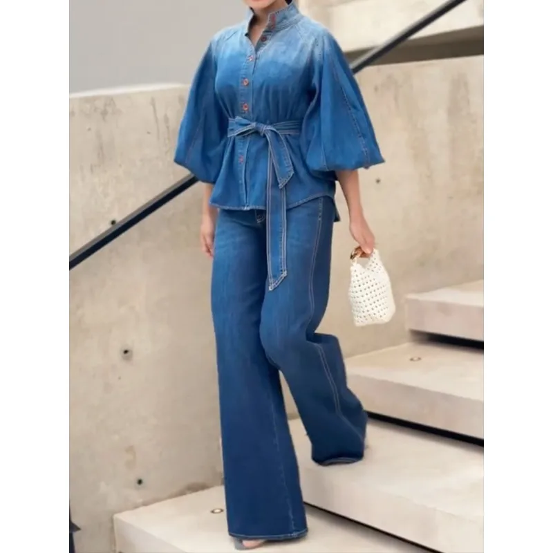 Blaue Oberteile aus gewaschenem Denim für Damen, 2025, Baumwolle, Vintage-Stil, A-Linie, Stehkragen, Laternenärmel, einreihige Blusen mit Gürtel 180632