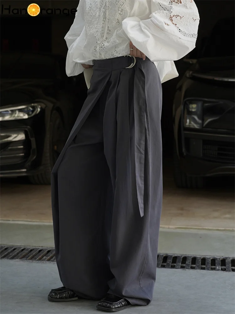 HanOrange 2025 Jesienna Moda Retro Spodnie z Paskiem na Boku w Talii Damskie Luźne Spodnie Ciemnoszare/Zielone Wojskowe