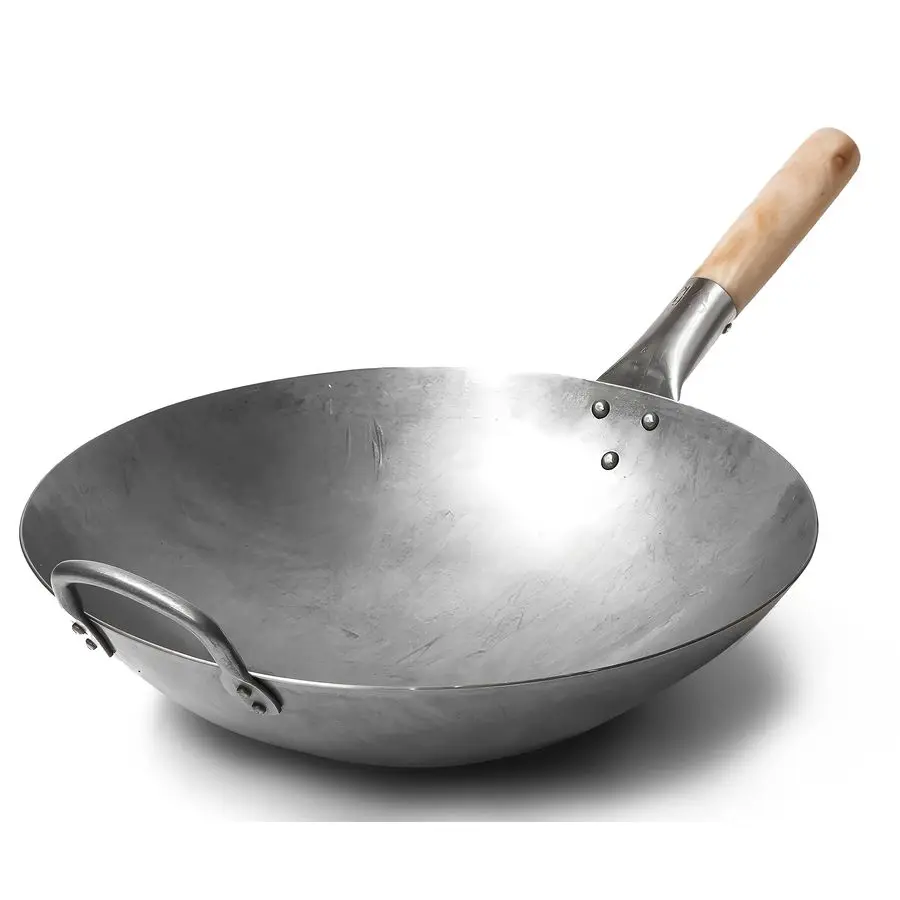 

Traditional Hand Hammered Chinese Carbon Steel Wok with Wooden and Steel Helper Handle 14 Inch, Round Bottom Pow Wok Pan 731W88
