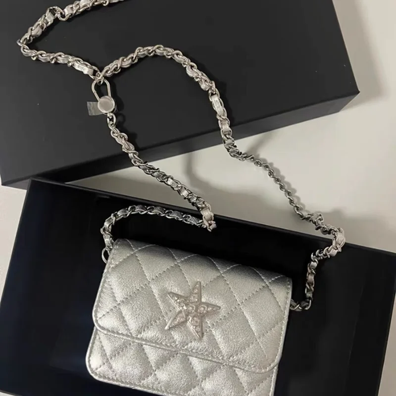 New Female Shoulder Bas Leisure Trend Small Crossbody Bag Silver with Diamond Stars Rhombic Lattice Chain Bag Fashion Square Bag