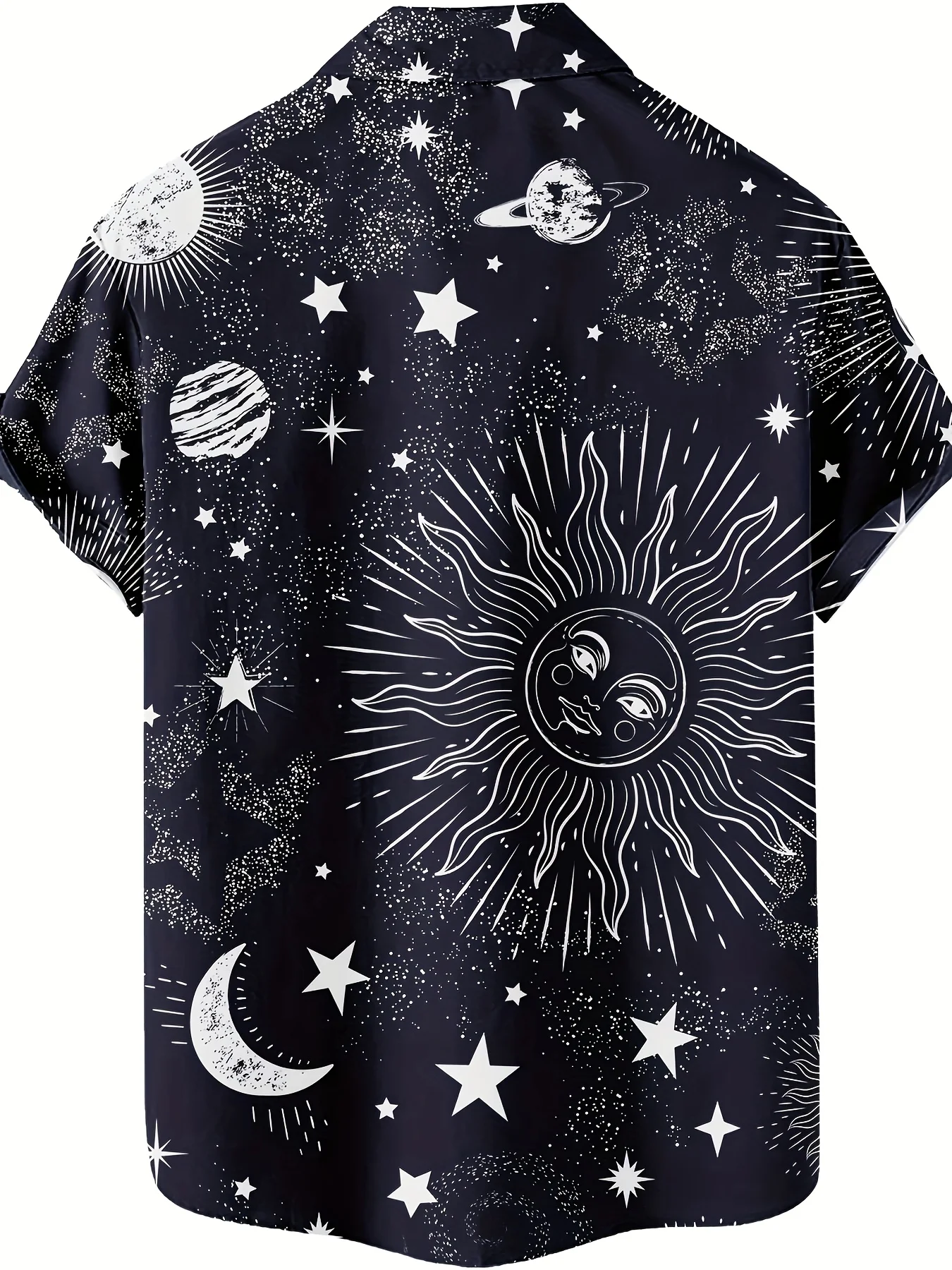 Men Black Sun Moon Star Vintage Astrology Print Cuban Collar Beach Short Sleeve Shirt