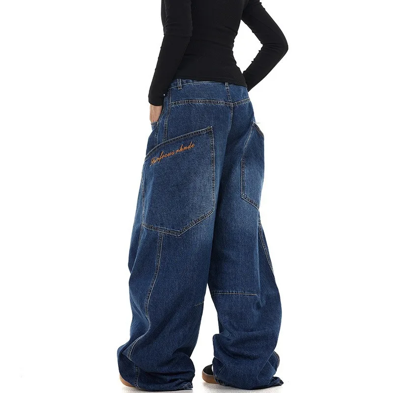 WTHT موضة الرجال غير النظامية المرقعة جيوب الدنيم السراويل خمر النمط الأمريكي فضفاض واسعة الساق الجينز الذكور 2025 الصيف 2A0782