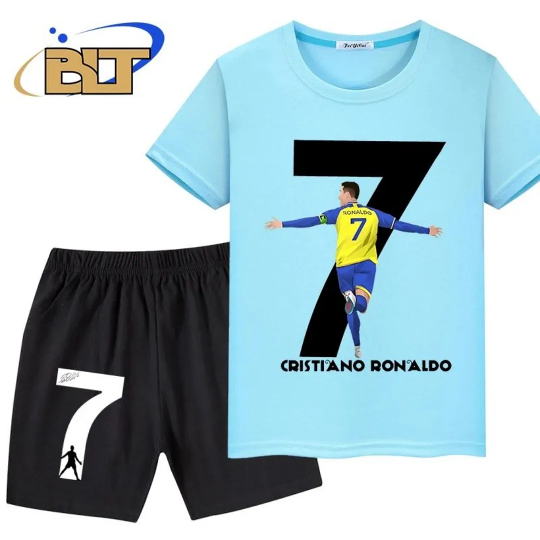 2025 Summer Ronaldo 3D Printed Summer Children's T-shirt Two piece Sports Shorts Set Suitable for Men and Women Comfortable, Sof image 5