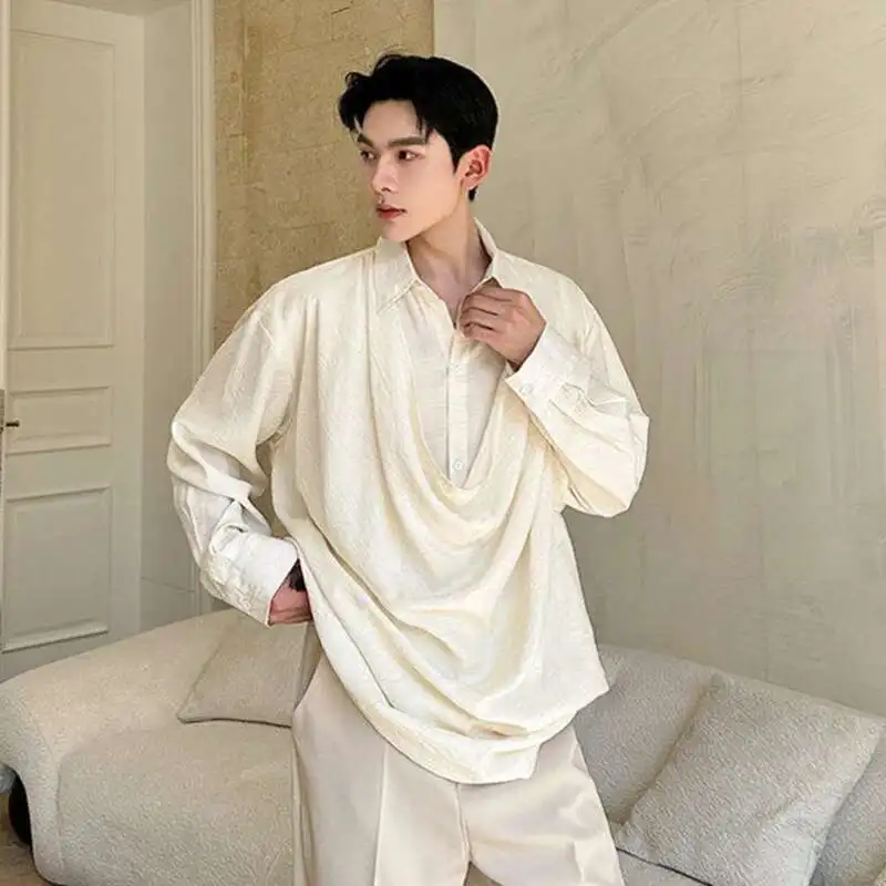 

Men's Clothing Apricot Long Sleeve Shirt Simple Fashionable New Male Shirts Solid Color Fold Design Summer Shirts DDOZ