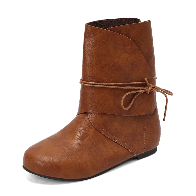 

Women Medieval Renaissance Boots Ankle Cosplay Festival Pirate Viking Tied Halloween Cuff Shoes Soft Leather Victorian Flats