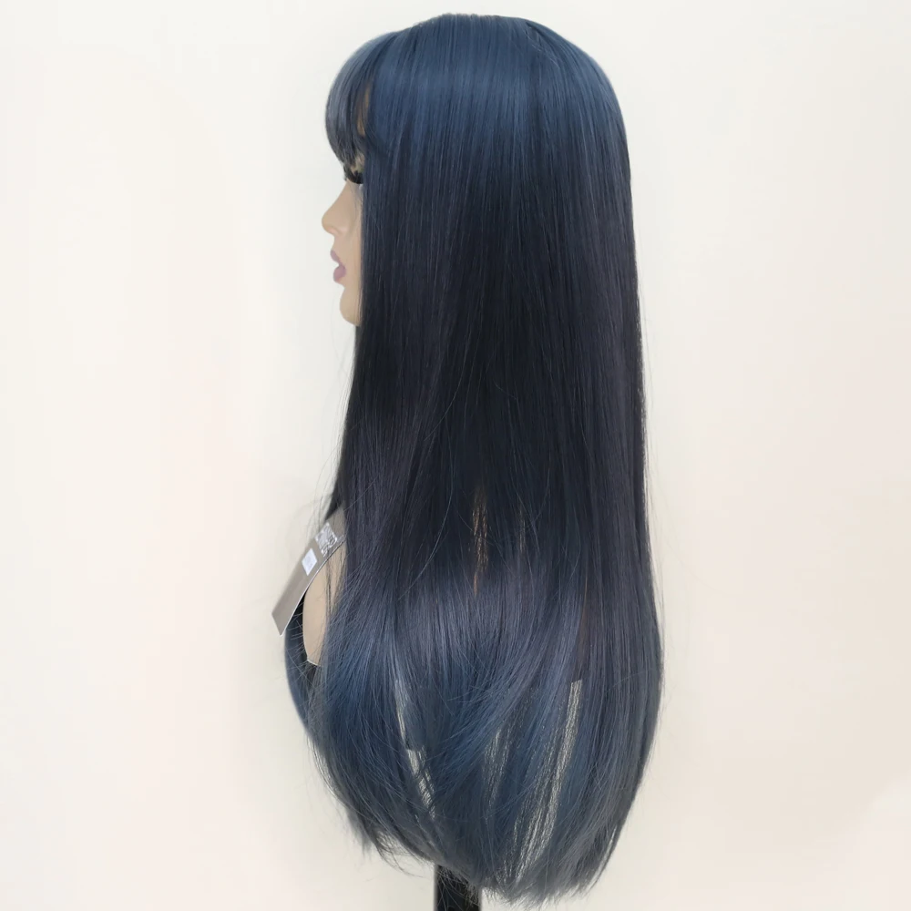 Synthetic Wigs Long Silk Straight wig with Bangs Lake Blue color Cosplay Wigs For Woman Heat Resistant Fibre Full Mechanism wig