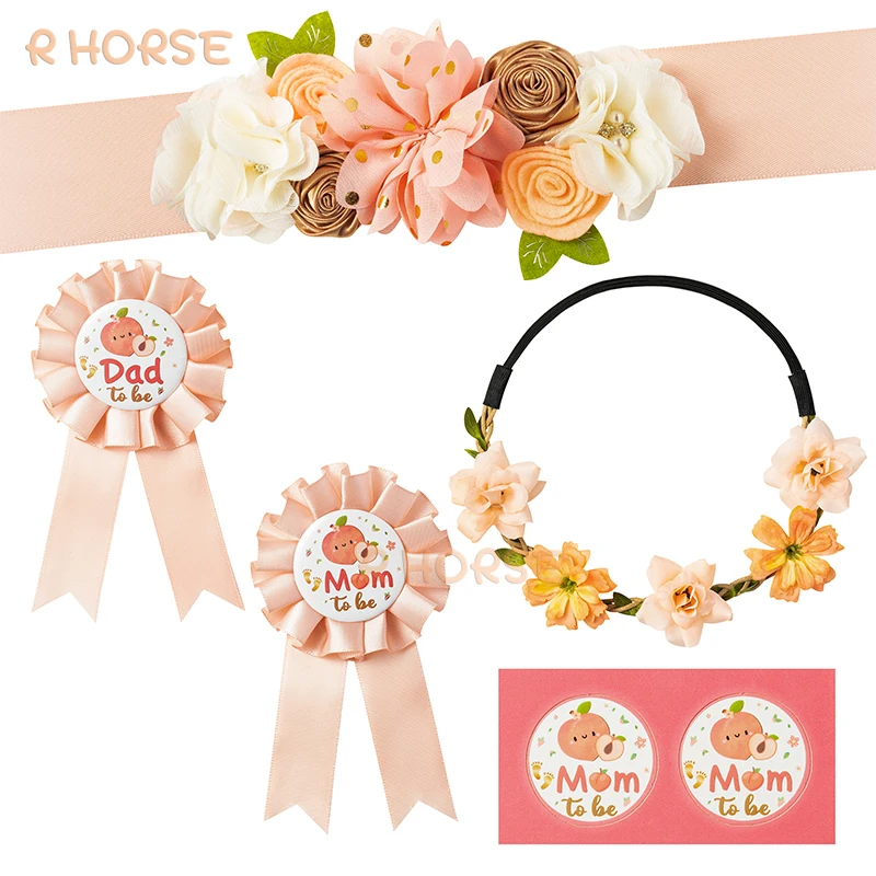 

5Pcs Little Sweet Peach Cutie Maternity Sash Kit Warm Pink Headpiece Corsage Spring Summer Photo Props Supplies for Mom-to-be