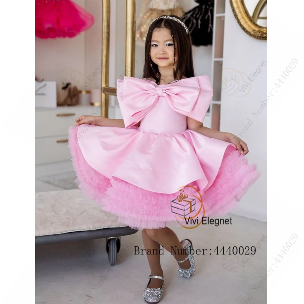 Pink Big Bow Flower Girl Dresses for Birthday 2023 Summer Satin Sleeveless Wedding Party Gowns for Girls فساتين بنات صغار