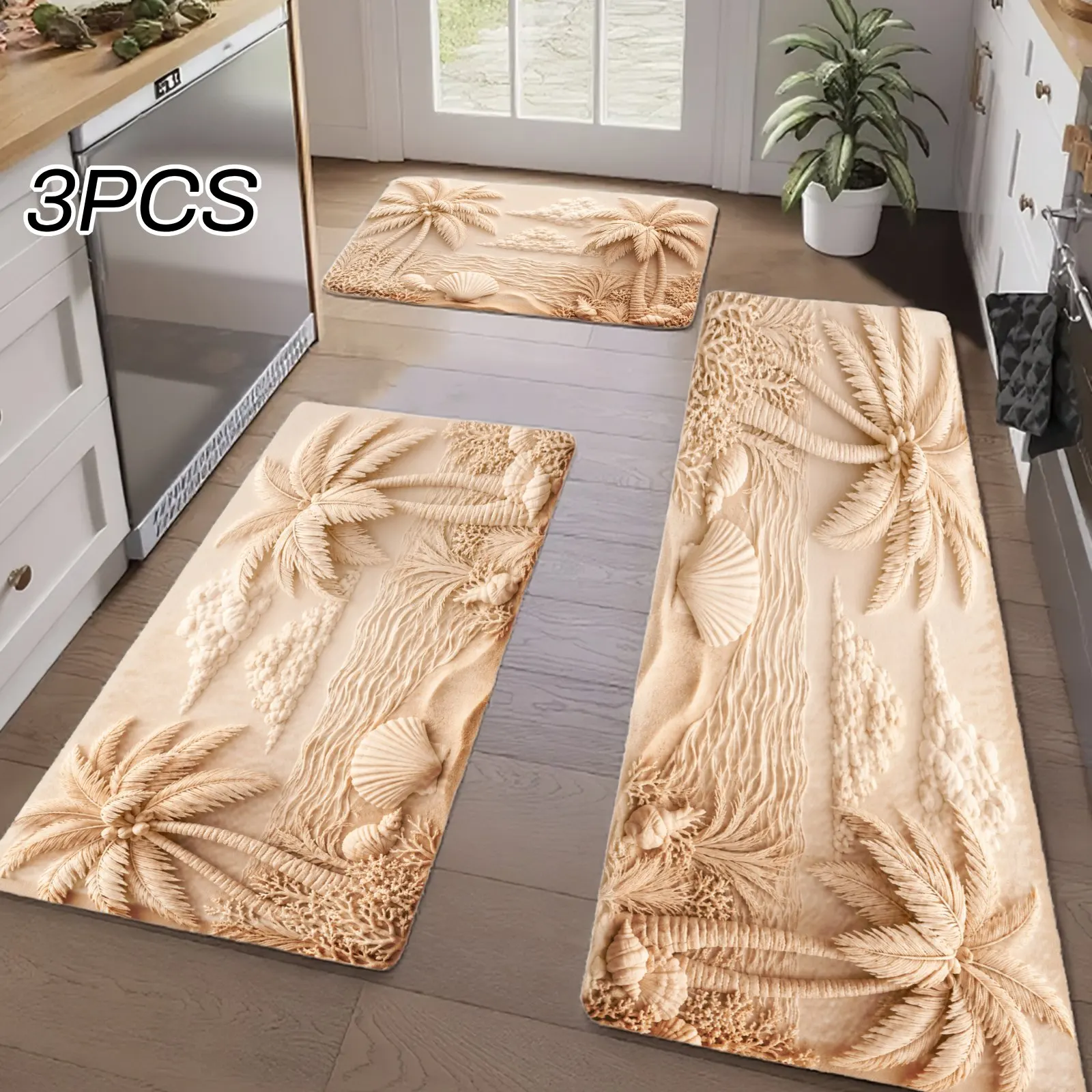 3PCS Kitchen Rugs,Home Decoration for Front Door,Kitchen,Bathroom,Palm Leaf Pattern Print In Beige And Cream Colors Dining Mat