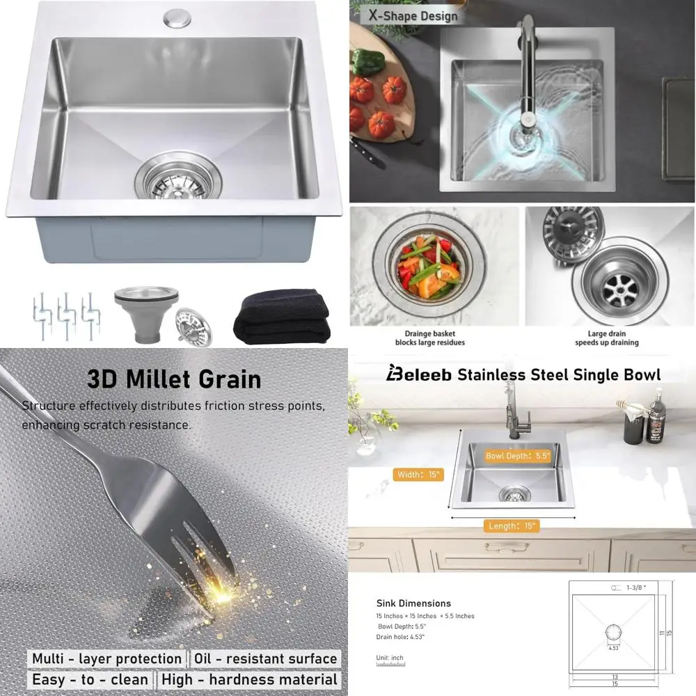 

Stainless Steel 15 Inch Drop-In Single Bowl Kitchen Sink with 3D Embossed Texture and Square Design for Small Spaces