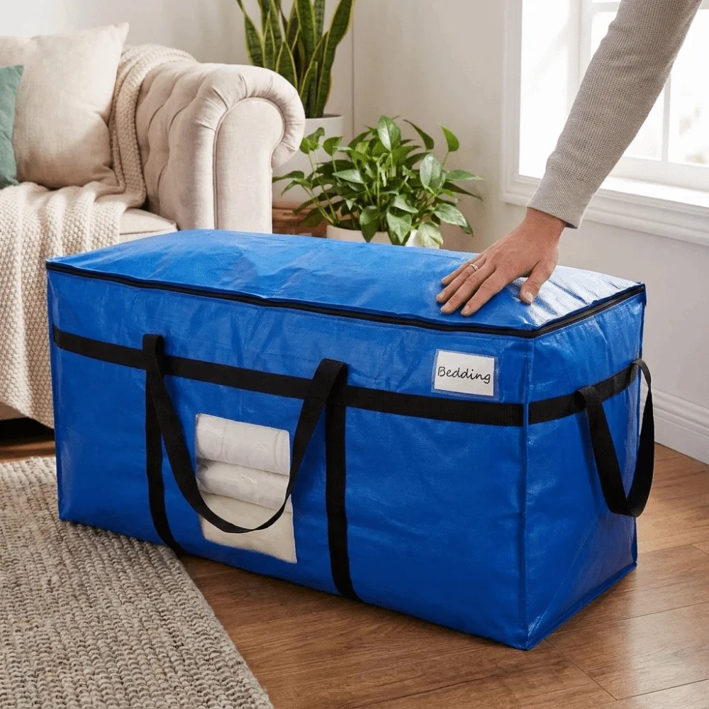 Clear Window Moving Package Bag Reinforced Handles Zipper Closure Clothes Quilt Storage Bag Waterproof Reusable