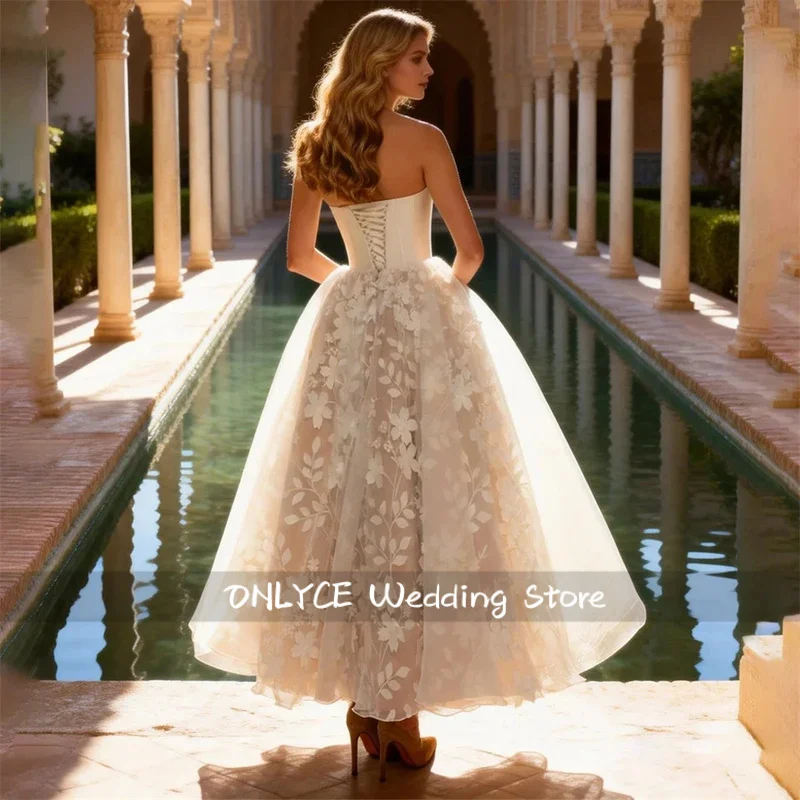 Customized Strapless Lace-Up A-Line Wedding Dress Detachable Shawl Vestidos De Novia Ankle-Length Vestido De Novia Boda