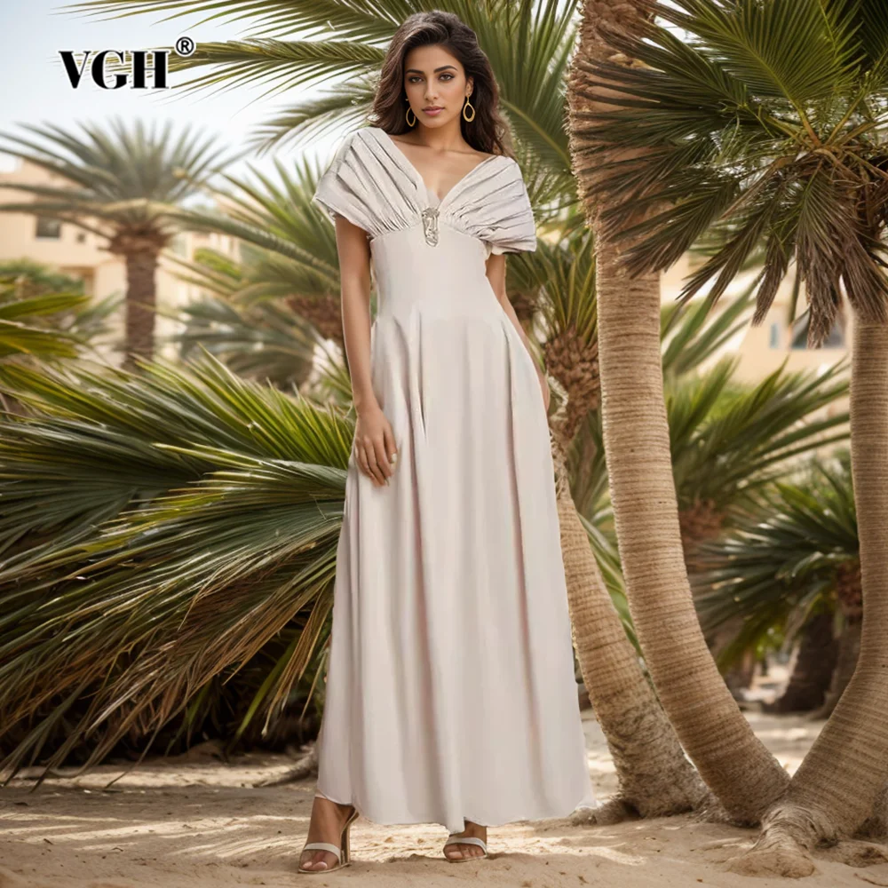 

VGH Elegant Slimming Long Dresses For Women Slash Neck Off The Shoulder Sleeve Backless High Waist Temperament Dress Female New