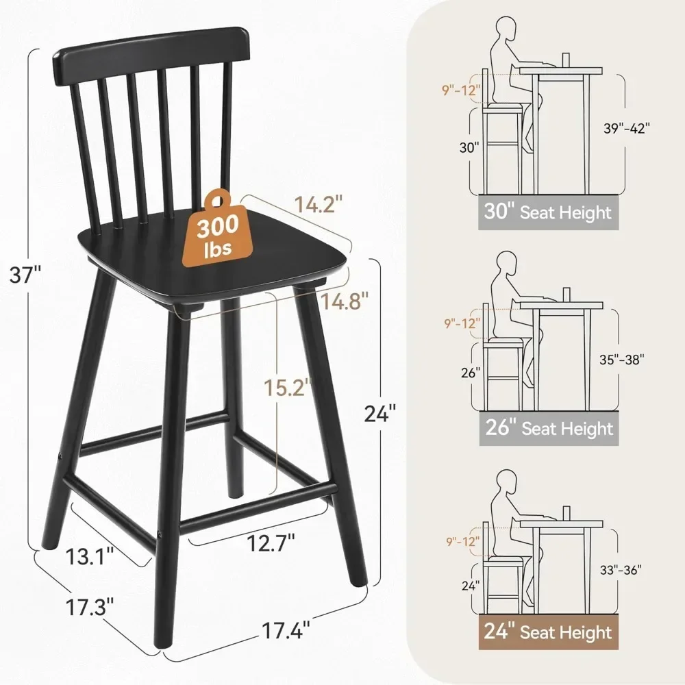 Windsor Wooden Bar Stools Set of 4 for Kitchen Island, Farmhouse Counter Height Stools Chairs with Spindle Back