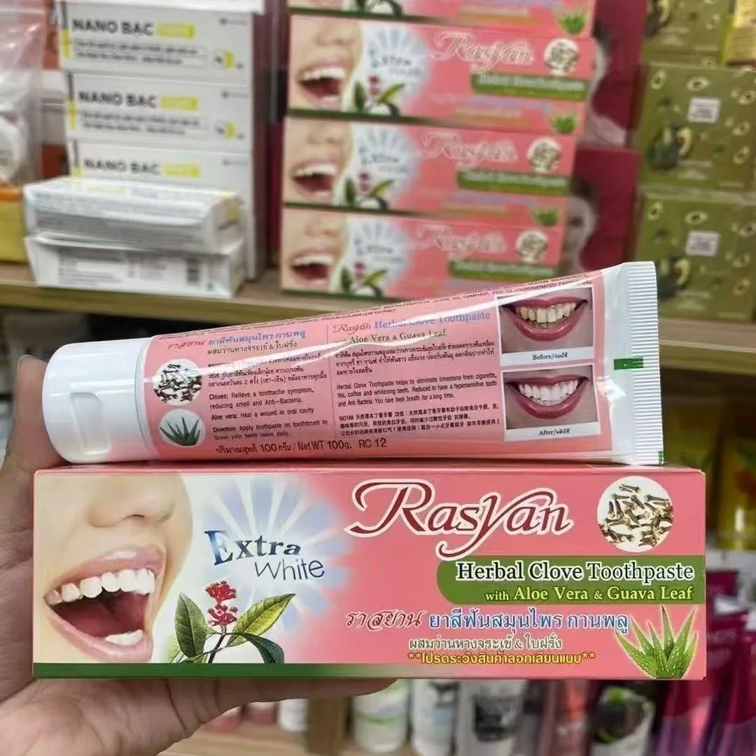 

Thailand Rasyan Toothpaste Whitening Removing Yellow\ Tartar and Bad Breath Protecting Gums Cloves Brightening Refreshing Breath