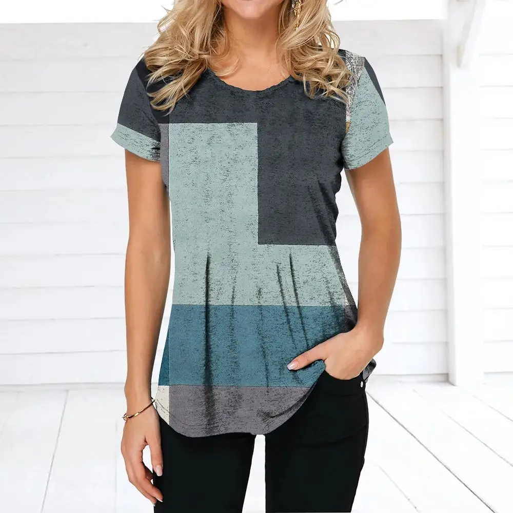 Col rond dames chemise été en plein air haut à la mode rue à manches courtes Plaid chiffon imprimé femmes grande taille vêtements de sport