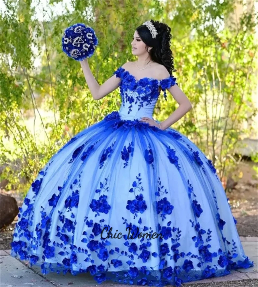 Royal Blue Florals Quinceanera Dress Princess Ball Gown Birthday Party Dance Vestidos De Xv Anos 15 Mexican Charro Customized