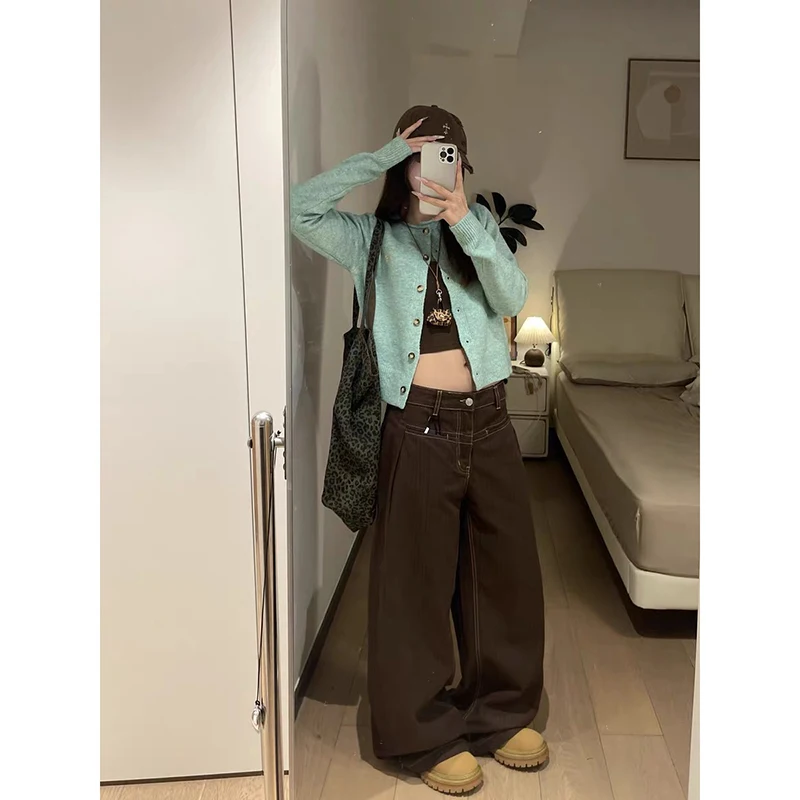 ZHIZOU American Pattern Embroidery Baggy Brown Jeans Women High Street Vintage Y2K 2000s Hip Hop Fashion Casual Wide-leg Pants