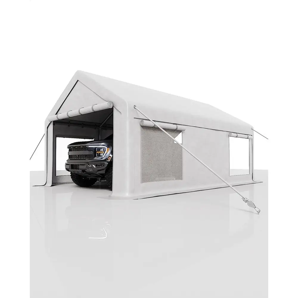 

Портативный гараж-навес 20'x10' с тентом из полиэтилена 200 г/м², рулонными дверями и окнами, идеально подходит для покрасочных камер, хранения лодок и многого другого