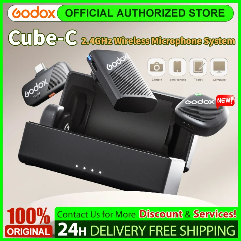 Godox Cube-C 2.4GHz Wireless Microphone System 300m Omni-Device Compatibility 48kHz/24bit for Cameras and Mobile Devices