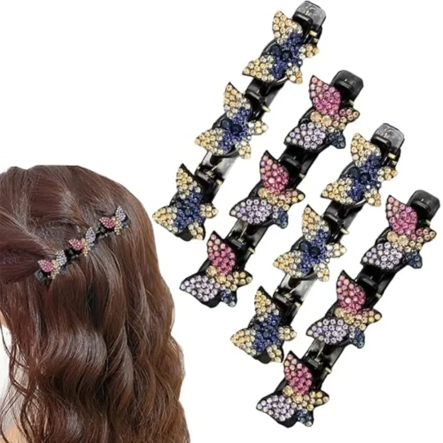 

4PCS Crystal Braided Hair Clips, Rhinestone Braided Hair Clips for Hair BraidandDouble Layer Bang, Sparkling Butterfly Hair Cli