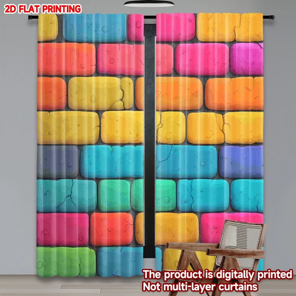 Colorful Brick Wall Curtain, Rainbow Graffiti Window Drape, Urban Street Art Blackout Panel, Living Room Bedroom Decor