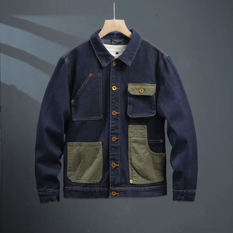 

Stitching Contrast Color Denim Coat for Men 2024 Japanese Style Workwear Casual Jacket Autumn and Winter New Fashion denim Tops