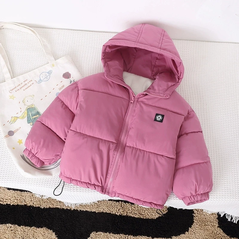 3-10 Years Boys Girls Solid Color Down Cotton Jacket Autumn Winter Kids Letter Icon Windproof Thick Warm Hooded Outerwear