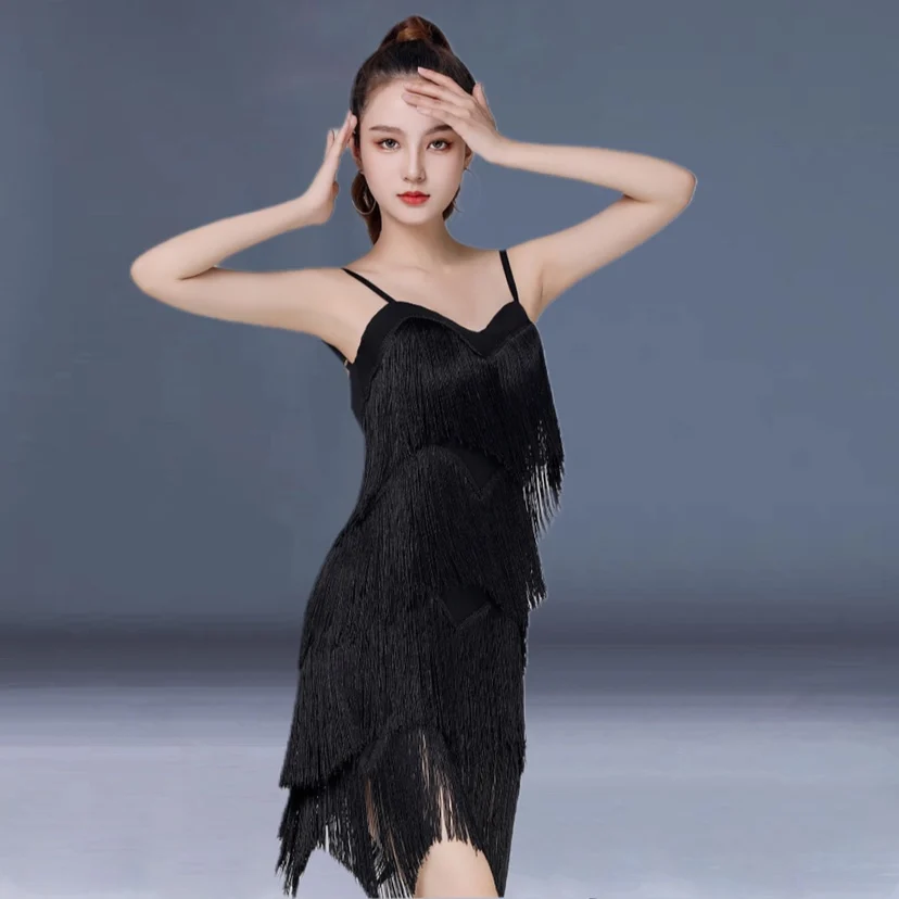 Wave tassel dress summer suspender backless national standard Latin dance training suit