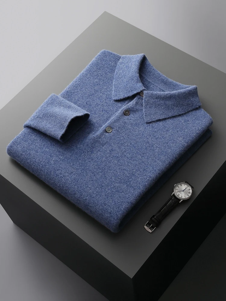 Men\'s POLO Collar Pullover Sweater 100% Merino Wool Knitwear Business Casual Comfort Shirt Spring Autumn Male Clothing Jumper