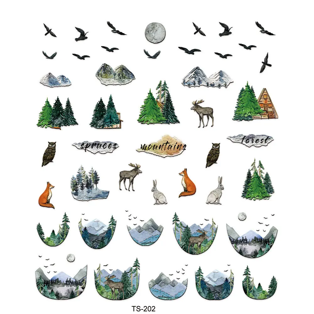 การ์ตูน Snowy Mountain Forest Wild Goose Deer Fox 3D Self กาวเล็บการตกแต่งศิลปะสติกเกอร์ภูมิทัศน์สัตว์เล็บ