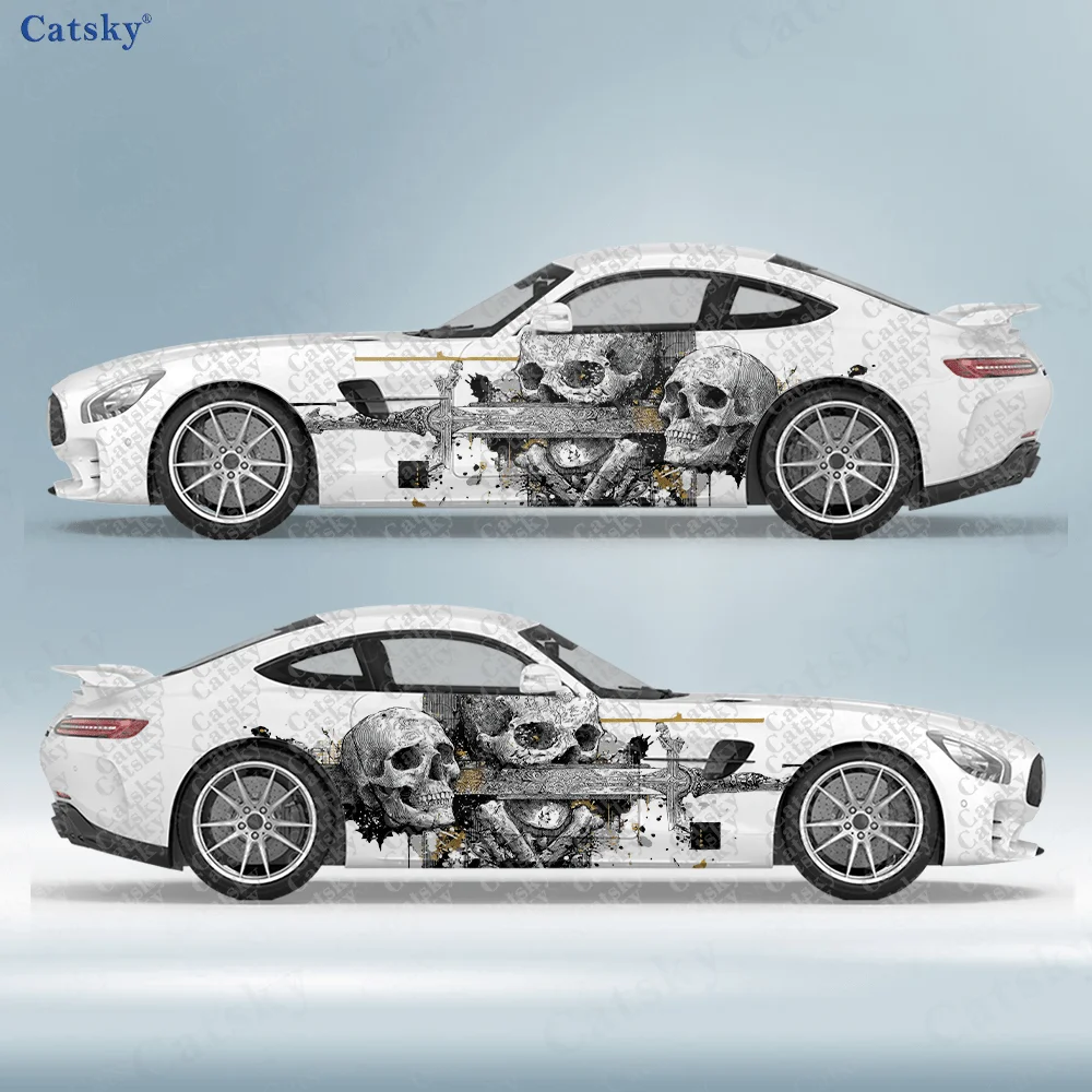 

2pcs skulls and sword Car Side Wraps, Self-Adhesive PVC Waterproof & Scratch-Resistant Stickers, Car Accessory Gift