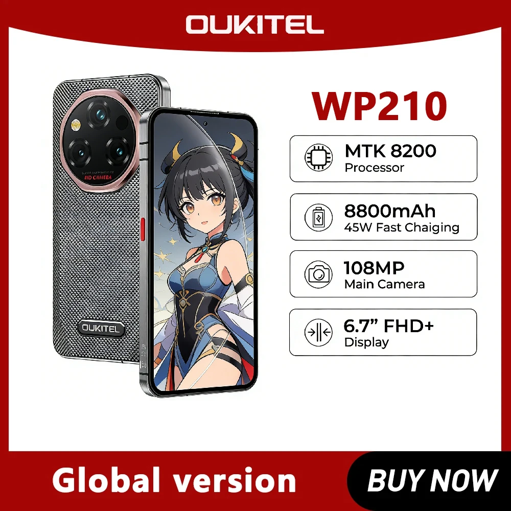 OUKITEL WP210 Android15 Rugged Phone MTK 8200, NFC, 36GB+512GB, 8800mAh 45W, 6.7