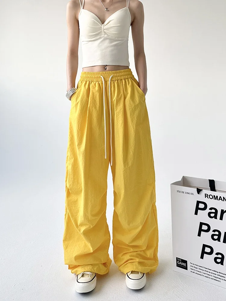 Dopne Yellow High Waist Wide Leg Women's Work Pants Summer Qui Dry Sports Trousers American Sle Commute Wind Long Pants