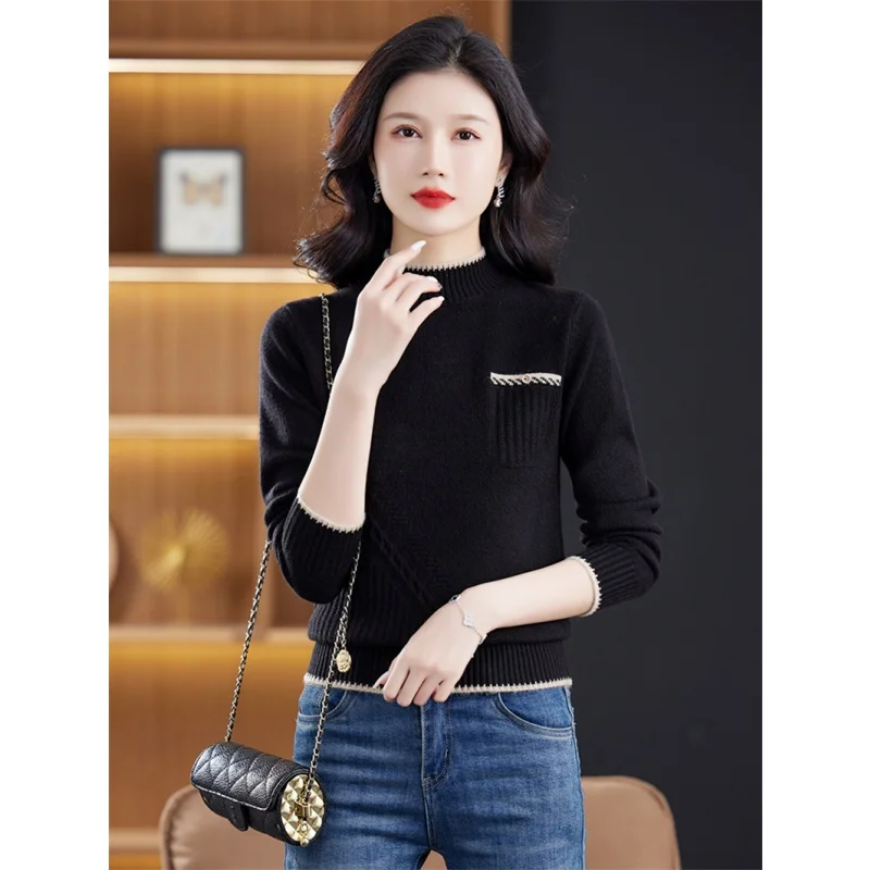 高級婦人ニットセーター ハーフハイカラー 長袖 クルーネック プルオーバー ベースレイヤーシャツ 広東省直販