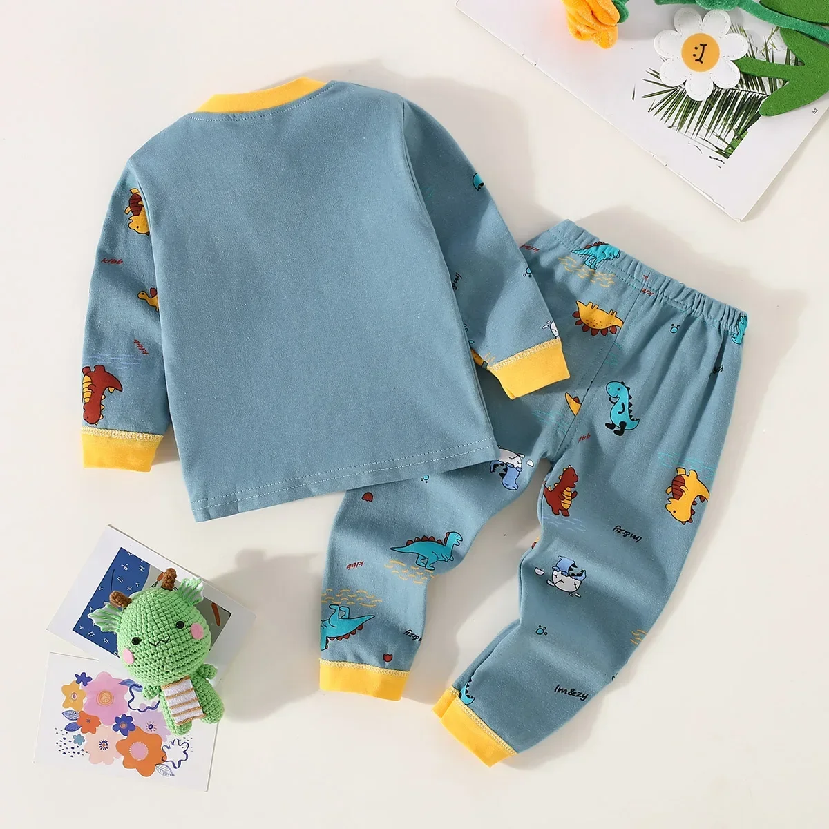 Baumwoll-Unterwäsche-Set für Kleinkinder Jungen mit Bären-Schriftmuster, Langarm-Oberteil und Hose, Schlafanzug-Set für Kinder – Detail 8