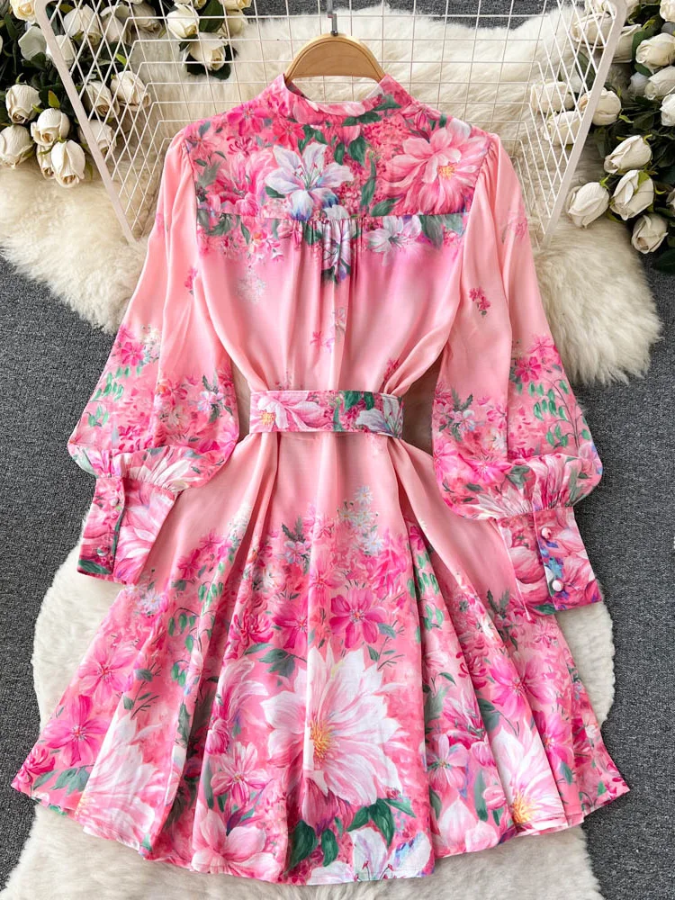 ALPHALMODA 2023 Spring New Floral Frill Long-sleeved Belted Sweet Women Dress Ladies Elegant Fashion Seasonal Outfit