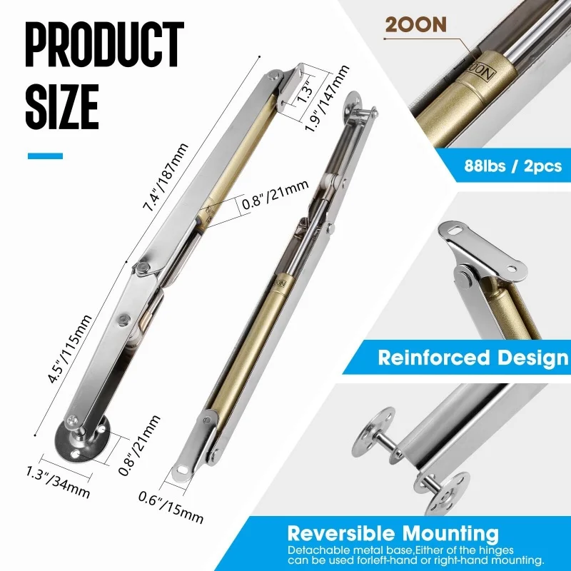 2Pcs Heavy Duty Gas Springs 3KG-20KG Gas Struts Soft Close Lid Support Hinges Automatic Slow Lowering Safe Pneumatic Lid Lifters