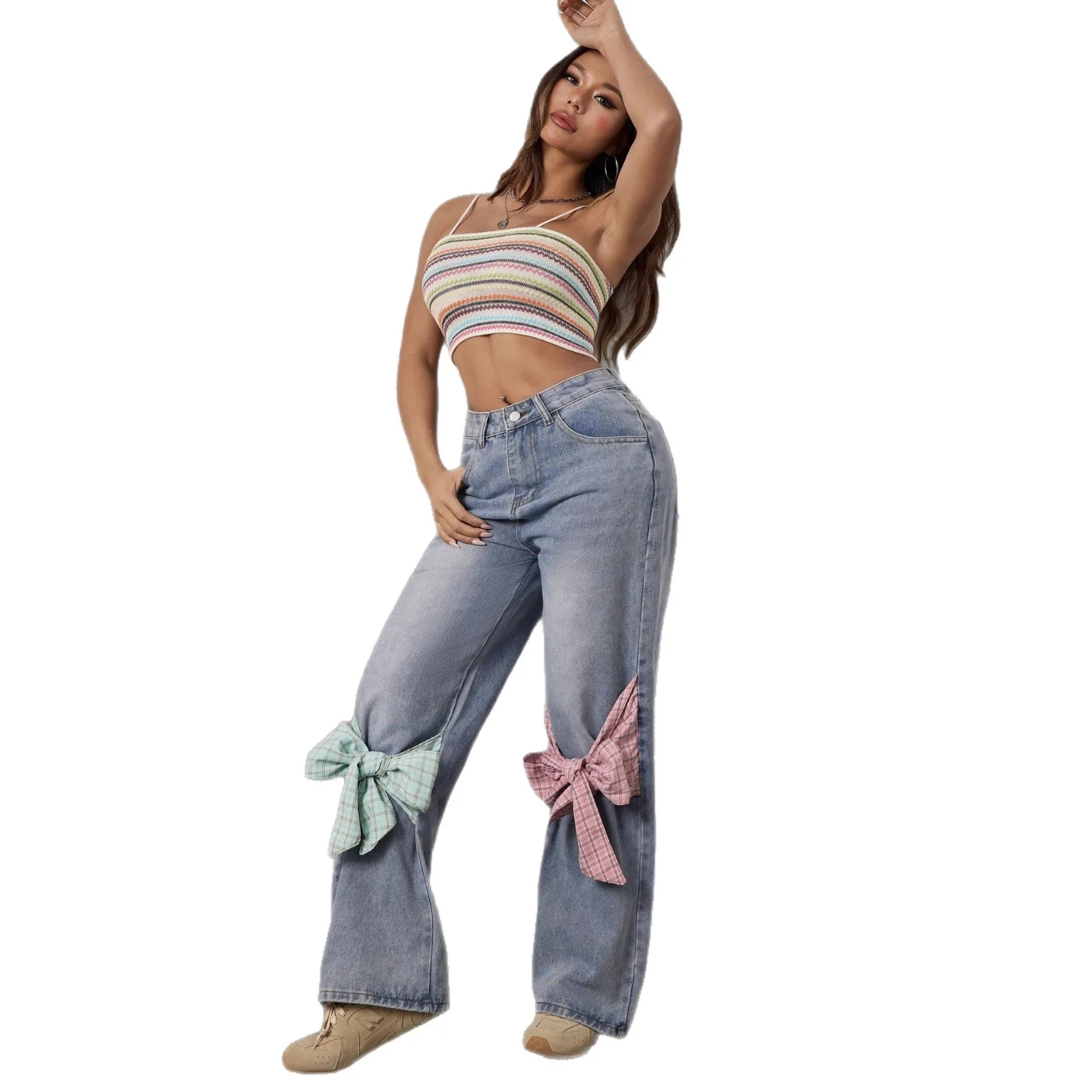 Frauen Drucken Bogen Denim Hosen Gerade Lose Hohe Taille Breite Bein Hose Casual Gespleißt Taschen Hosen Streetwear Gewaschen Winter