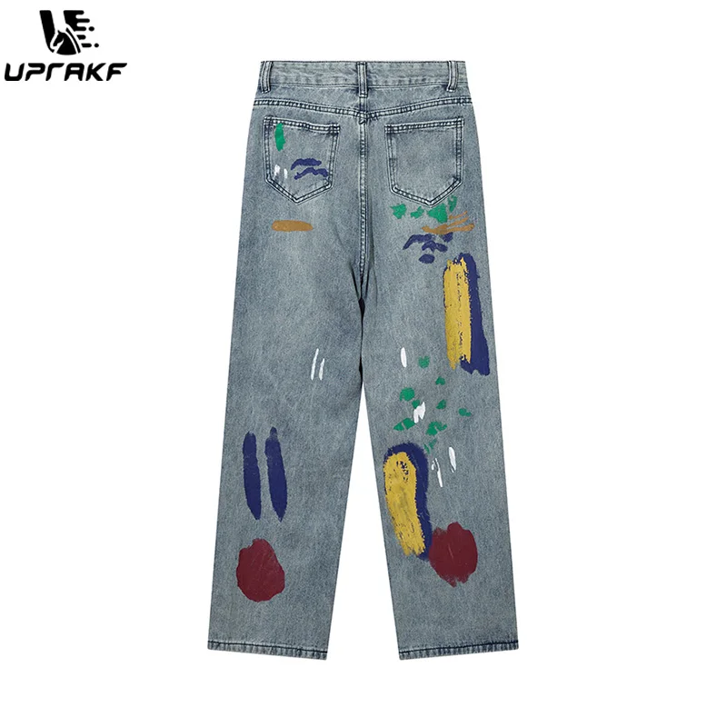 UPRAKF Colorful Graffiti Jeans Denim Autumn Streetwear Comfort Baggy Wide Leg Hip Hop Basic Pants Casual Pantalones
