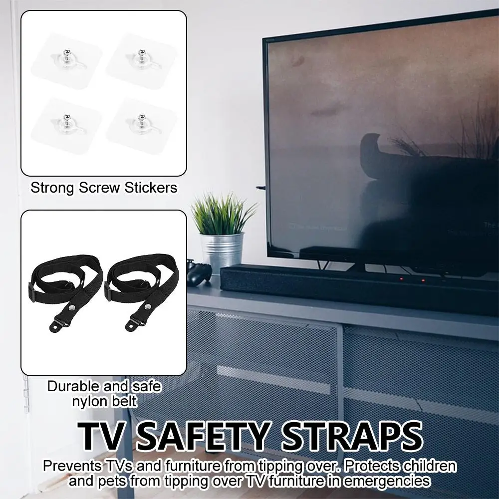 

2Pcs Anti-Tip TV Safety Strap Set Adjustable No-Drill Adhesive Furniture Mounting Strap Kit with Shock Fix to Wall TV Harness