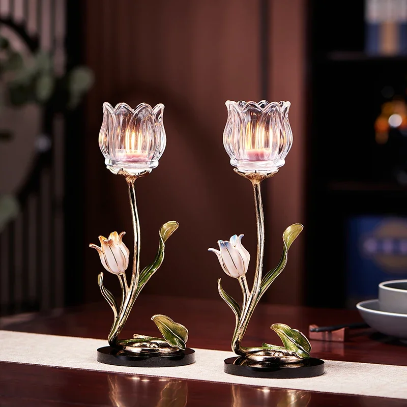 Enamel Glass Candle Holders Decor for Table Flower Shape Suitable for Wedding Anniversary, Home Decor Items Candelabro