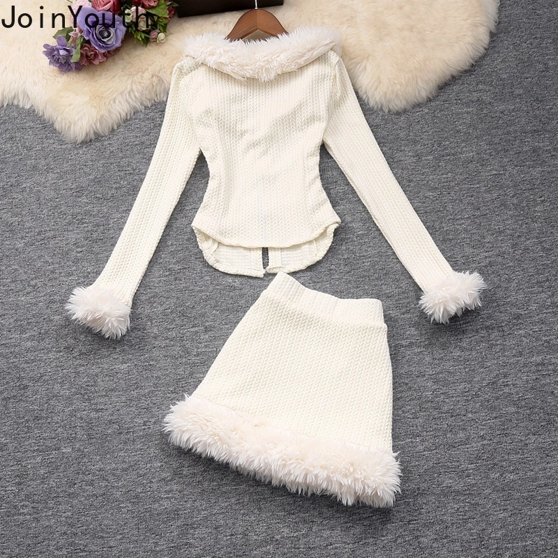 Knitted 2 Piece Sets Womens Outfits Roupas Femme Furry O-neck Bandage Sweater Bow Bodycon Mini Skirt Suit Fashion Korean Set