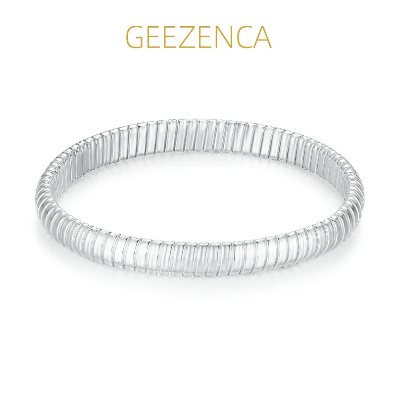 GEEZENCA Real 925 Sterling Silver Striped Stretch Bangle For Women Italian Jewelry Trendy Luxury Minimalism Chic 16cm Bracelet