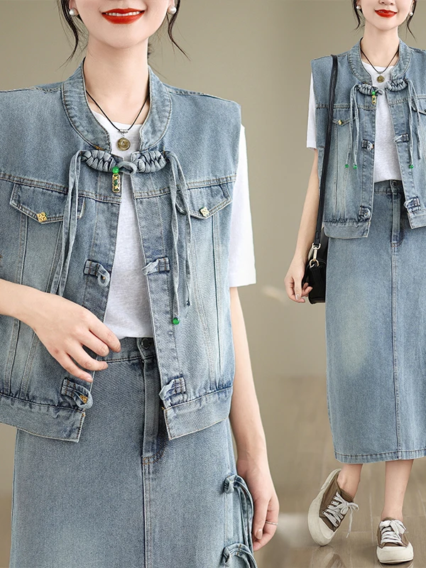 

Джинсовый жилет и юбка с высокой талией в китайском стиле в стиле ретро, женская осенняя коллекция Faion, комплект из двух предметов прямого кроя